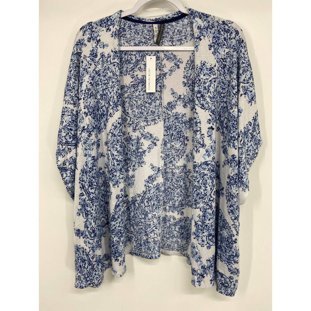 Jaclyn Intimates Womens White Blue Soft Open Face Cardigan Sweater Top NEW Small